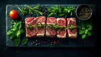 Raw beef steaks arranged in rows on black slate board with fresh herbs, tomato, and peppercorns for gourmet cooking preparation.