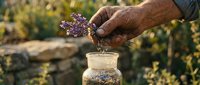 Farmer's hand holding fresh lavender flowers over glass jar filled with dried lavender buds in field setting for herbal products and natural wellness.
