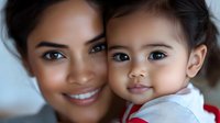 Young Asian mother and toddler daughter share tender moment with bright smiles, close-up portrait against light background showing family bond and joy.