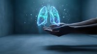 Glowing blue lungs floating above open hands in dark medical environment. Healthcare protection and respiratory system concept for wellness campaigns.