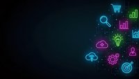 Digital technology icons glowing in neon colors on dark background for business presentations, web design and marketing materials.