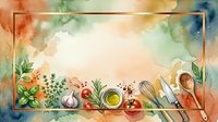 Watercolor cooking ingredients and kitchen utensils arranged on wooden surface with fresh vegetables, herbs, oil, and culinary tools for food preparation and recipe design projects.