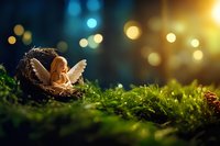 Magical fairy figurine resting in nest surrounded by glowing moss and bokeh lights creating enchanted forest atmosphere at dusk. Fantasy miniature scene.