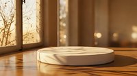 Wooden podium with white circular platform on natural wood surface, warm sunlight streaming through window with blurred bokeh background, suitable for product display and showcase presentations.