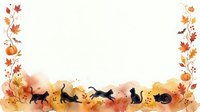 Silhouette of cats playing among autumn leaves, pumpkins, and fall foliage on white background. Isolated design element for seasonal greeting cards, invitations, and autumn-themed projects.