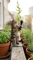 Tabby kitten playing with hanging green vine on wooden balcony surrounded by potted herbs and plants, urban background, playful pet behavior and gardening lifestyle.