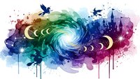 Mystical watercolor swirl with flying birds, moon phases and castle silhouettes in vibrant rainbow colors with magical sparkles and paint drips.