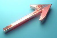 Pink metallic arrow with glitter sparkle effect pointing upward on turquoise background, symbolizing growth, success and positive direction for business presentations.