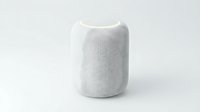 White cylindrical smart speaker with fabric mesh design and illuminated top ring, isolated on neutral background for tech product displays.