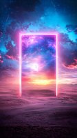 Glowing neon portal frame in desert landscape against dramatic sunset sky with stars and clouds, creating surreal sci-fi atmosphere in pink and blue colors.