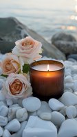 Glowing candle in dark glass holder with peach roses on white stones, creating serene spa atmosphere with soft bokeh lights in background.
