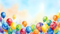 Colorful watercolor balloons floating against soft pastel sky background, ideal for celebrations, party invitations, greeting cards, and festive event designs.