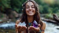 Young woman with crystals and boho jewelry smiling with closed eyes while holding amethyst and quartz stones near flowing water, expressing spiritual connection.
