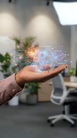 Business professional hand displaying holographic automation technology icons with workflow and innovation concepts in modern office environment.
