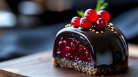 Dark chocolate dessert dome filled with red currant mousse, topped with fresh berries and gold pearls on wooden surface, macro food photography.