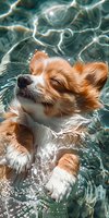 Adorable Chihuahua dog swimming in clear blue pool water, enjoying summer refreshment with eyes closed and peaceful expression, captured in sunlit ripples.
