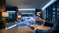 Professional businessman analyzing holographic data visualization and financial charts in modern office environment for business intelligence and analytics.