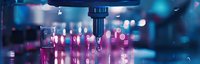 Modern laboratory equipment with test tubes in holder illuminated by blue and pink lights creating scientific research atmosphere with bokeh effect in background.