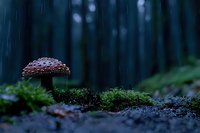 Red spotted mushroom amanita muscaria growing in dark moody forest with rain drops and moss, atmospheric nature photography in mystical woodland setting.