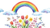 Watercolor spring flowers with rainbow and clouds on white background. Colorful tulips, daffodils and cherry blossoms with flying birds for greeting cards.