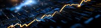 Glowing orange financial chart line showing upward trend on dark blue digital technology background with data visualization.