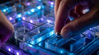 Hands operating illuminated transparent DJ mixer with glowing blue and purple LED buttons and controls for music production and live performance.