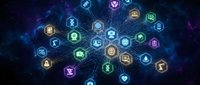 Digital network with glowing hexagonal icons representing connectivity, technology, and data exchange against cosmic space background for modern tech concepts.