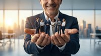 Smiling businessman in suit holding miniature diverse professional team in cupped hands representing leadership and human resources management.