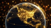Glowing golden network connections illuminate Earth globe with bright light trails and bokeh background for technology and global communication concepts.