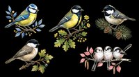 Watercolor tit birds set on branches with leaves and berries, isolated on transparent background. Clipart for t-shirt design, stickers, print on demand, sublimation.