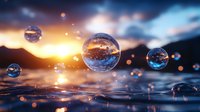 Magical water drops floating above reflective surface at sunset, with glowing bokeh lights and mountain silhouette creating dreamy atmosphere.