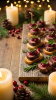 Festive holiday appetizers with beef tenderloin on toasted bread garnished with cranberries and herbs, surrounded by candles and pine decorations for entertaining.