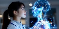 Young Asian woman in business attire looking at glowing blue holographic human anatomy projection showing neural networks and skeletal structure in dark office setting.