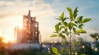 Young green plant growing against industrial factory silhouette at sunset with bokeh lights, representing sustainable development and environmental care.
