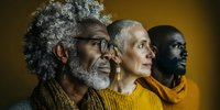 Diverse senior and young adults in profile view against golden background, wearing warm yellow and brown tones, representing intergenerational connection.