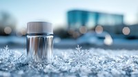 Small glass container surrounded by natural ice crystals and frost formations against blurred winter cityscape background with bokeh lights.