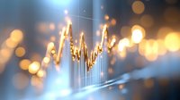 Financial data visualization with glowing golden chart lines and bokeh lights background for business analytics and market trends presentation.