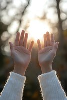Open hands reaching toward bright sunlight with warm bokeh background creating spiritual and hopeful atmosphere for wellness and meditation concepts.