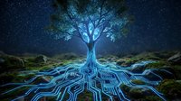 Mystical glowing tree with digital circuit roots under starry night sky, fantasy landscape with blue luminescent technology patterns flowing through ground.