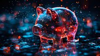 Digital piggy bank with glowing circuit patterns and neon lights on dark background with bokeh effects, representing financial technology and digital banking.