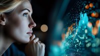 Young blonde businesswoman analyzing glowing digital data visualization with bokeh lights in modern tech environment for business analytics presentations.
