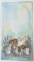 Watercolor illustration of adorable rats family with floral elements and stars on soft blue background for greeting cards and nursery decor.