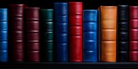 Row of vintage hardcover books with colorful leather spines in red, blue, green, and brown shades standing on dark shelf, creating classic library atmosphere.