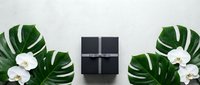 Elegant black gift box with silver ribbon surrounded by tropical monstera leaves and white orchid flowers on marble background for luxury presentation.