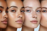 Close up portraits of diverse women with different skin tones showing natural beauty, flawless complexion and minimal makeup for cosmetic and skincare advertising.