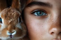 Close-up portrait showing bright blue eye with freckles alongside brown rabbit face, creating striking visual parallel between human and animal features.