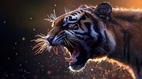 Fierce Sumatran tiger roaring with bared fangs against dark background with golden rim light and bokeh particles, dramatic wildlife portrait showing aggression.