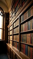 Vintage library interior with wooden bookshelves filled with antique leather-bound books in warm golden lighting for academic and literary projects.