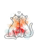 Two adorable cats sitting together with watercolor splashes and heart symbol above, romantic feline couple artwork for Valentine's Day greeting cards.