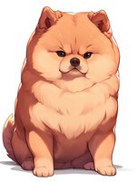 Adorable cartoon Pomeranian puppy with fluffy fur and grumpy expression sitting on white isolated background, suitable for children's book illustrations and pet-themed designs.